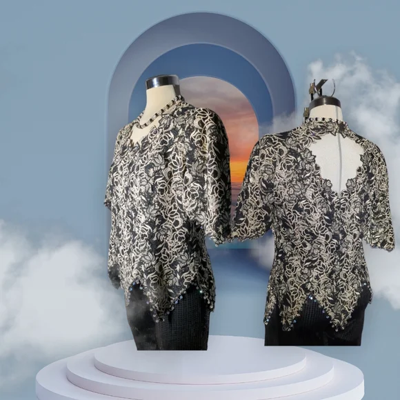 Michael Jordan Luxury Black &Gold Lace With Crystal Beads Trimmed Blouse Size M - Picture 14 of 16